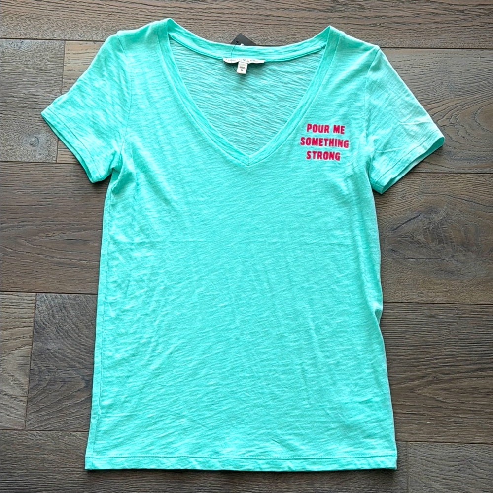 Express One Eleven Mint Green”Pour Me Something Strong”V-Neck Short Sleeve T-XS